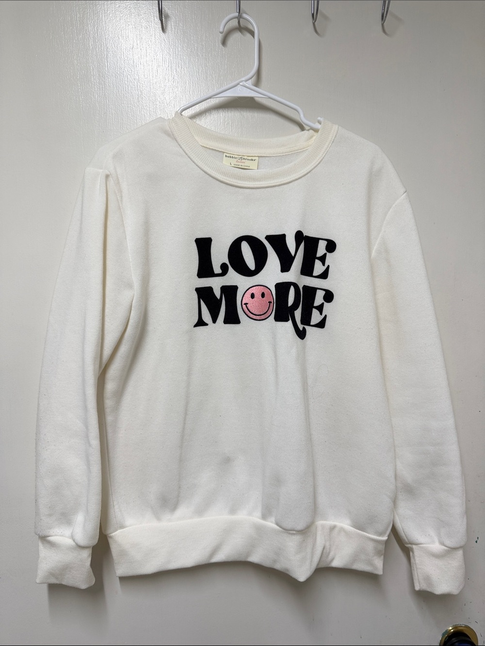 Bobbie Brooks Cream Crewneck Sweatshirt with Black Text and Pink Smiley